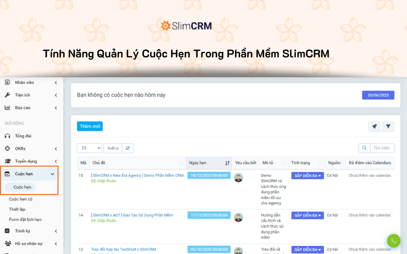 Quản lý lịch hẹn và dịch vụ trong phần mềm SlimCRM